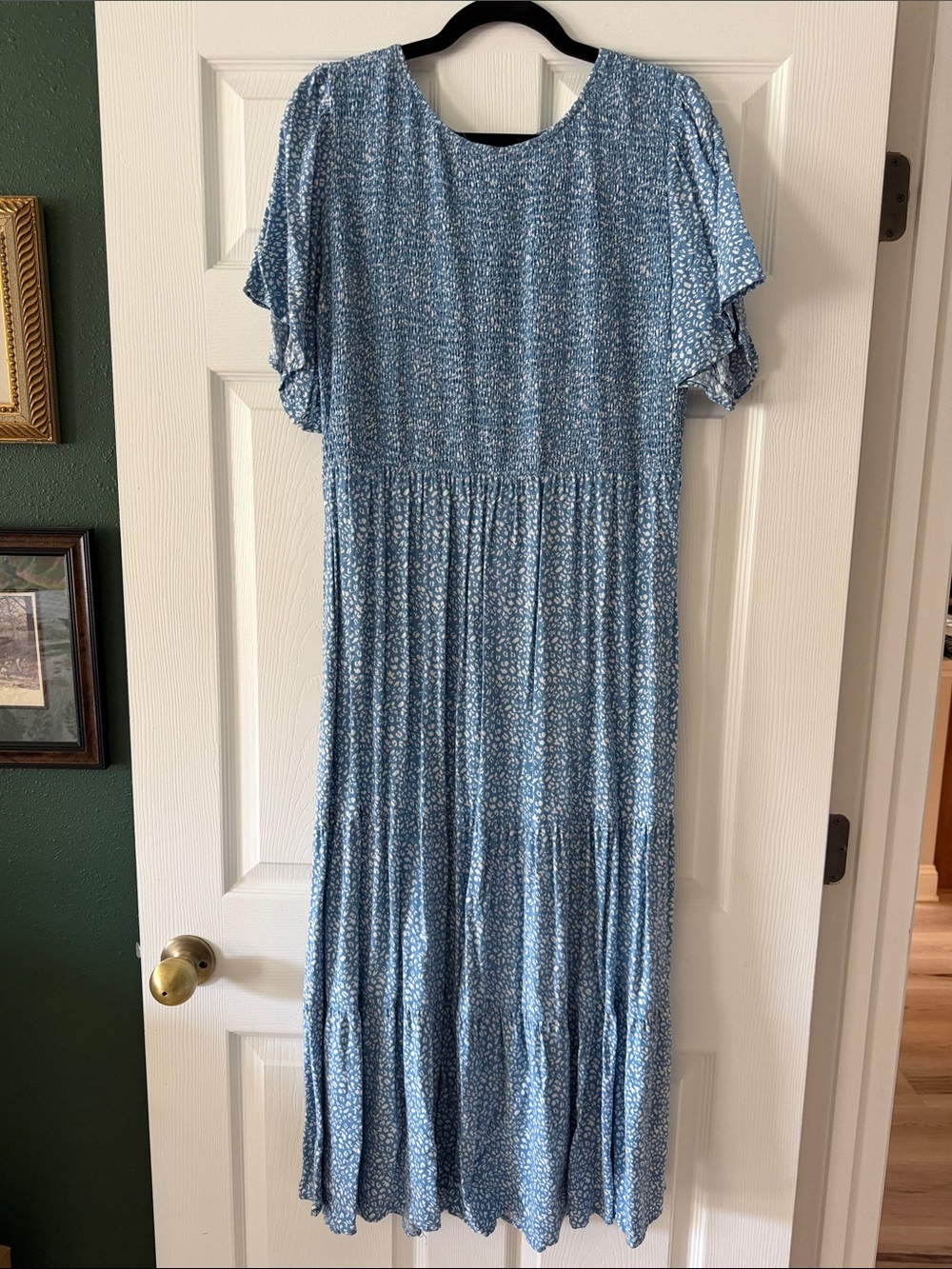 Blue and White Tiered Maxi Dress with Flutter Sleeves